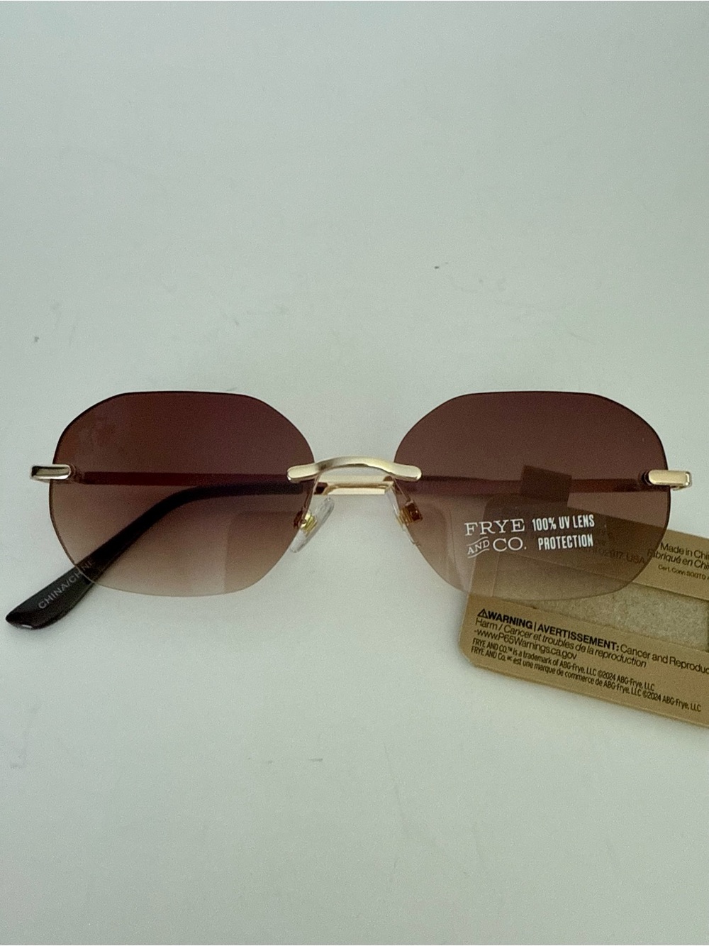 NEW Frye and Co. Gold Oval Rimless Sunglasses Brown Gradient